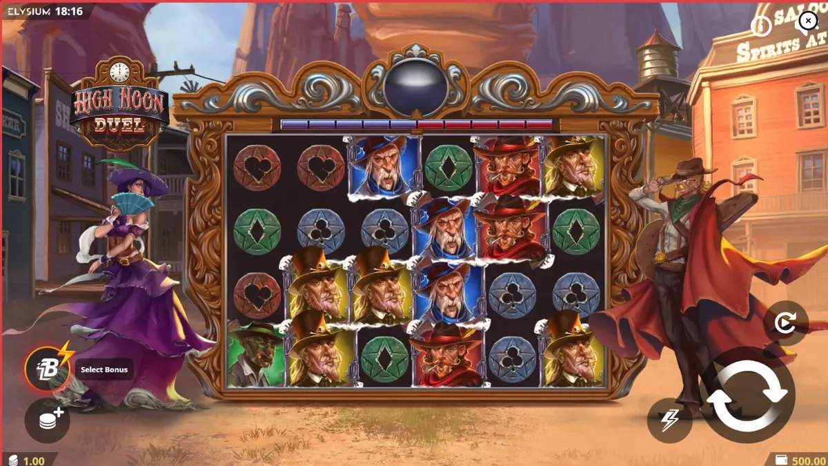 Tampilan visual slot High Noon Duel dengan tema koboi dan duel di gurun.